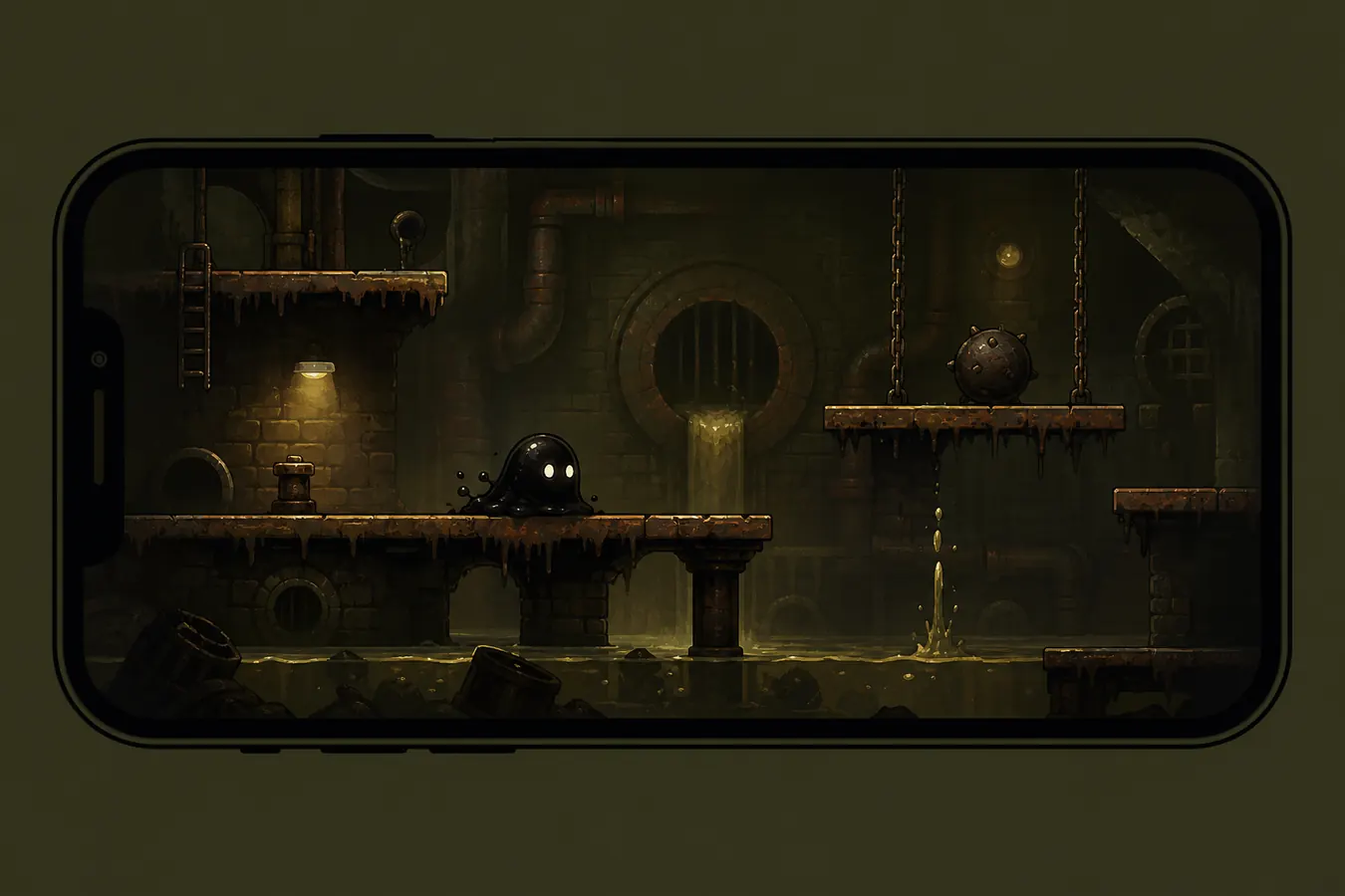 Smartphone framing an underground tar blob game world