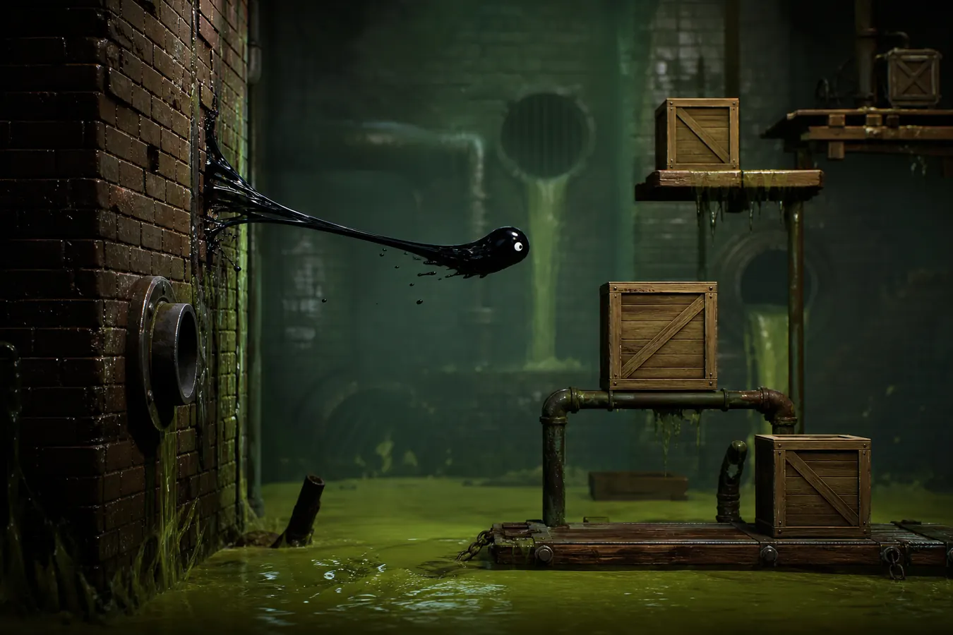 Tar blob climbing a wet brick wall in a sewer level