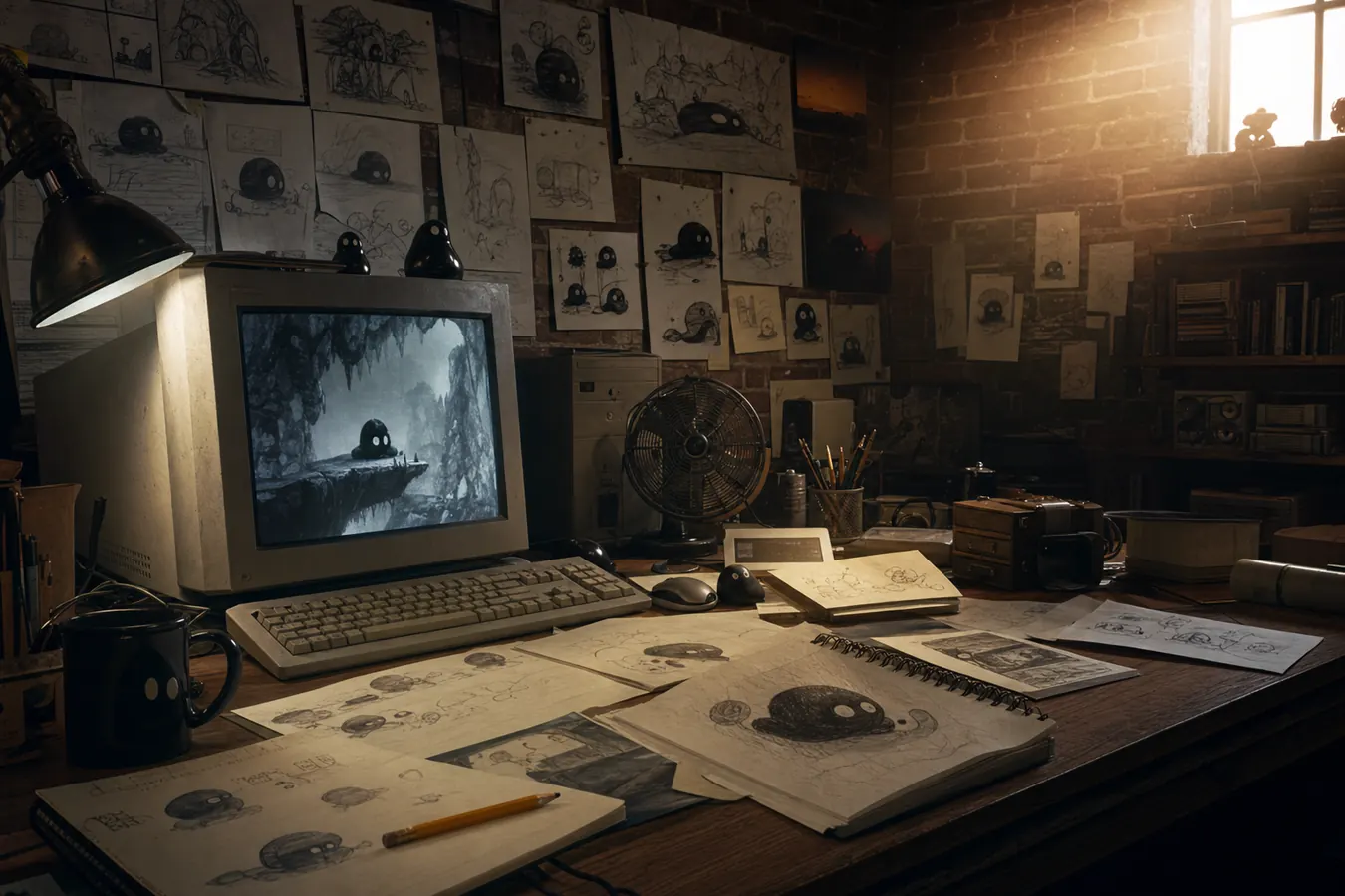 Indie studio desk with tar blob character sketches