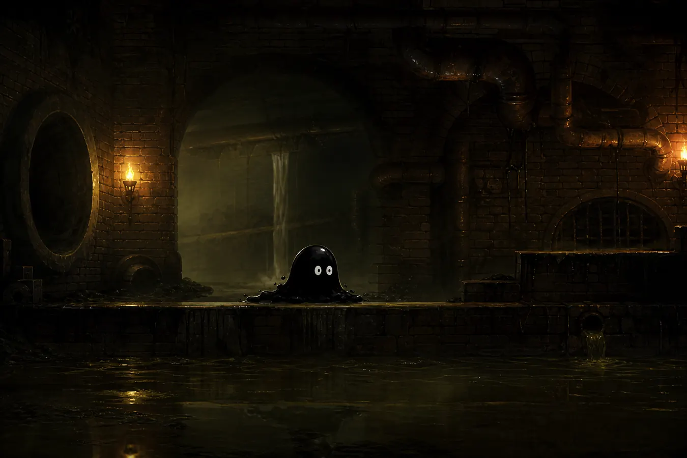 Tar blob hero descending through brick sewer tunnels