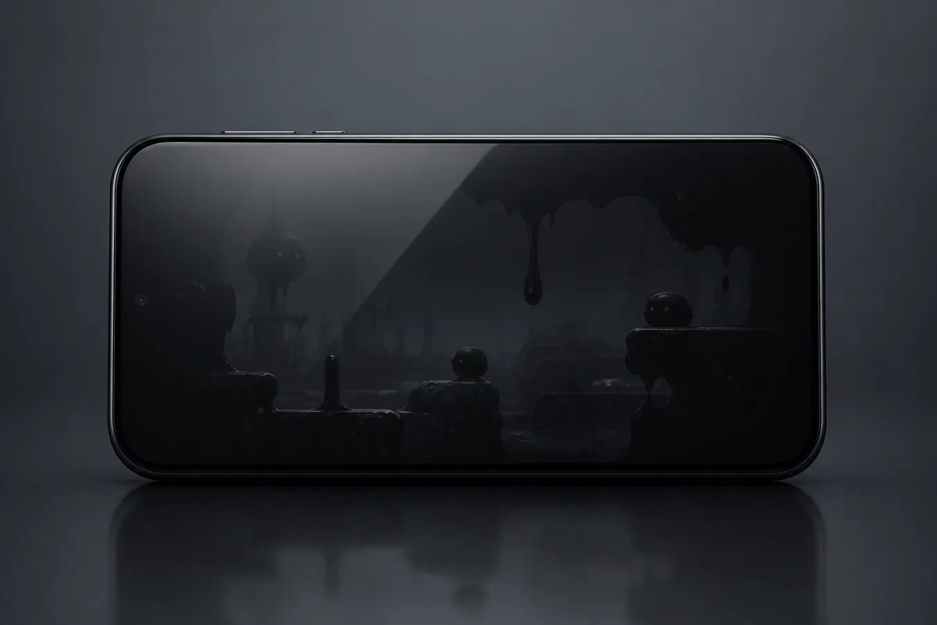 Dark phone glass reflecting a faint tar blob game world