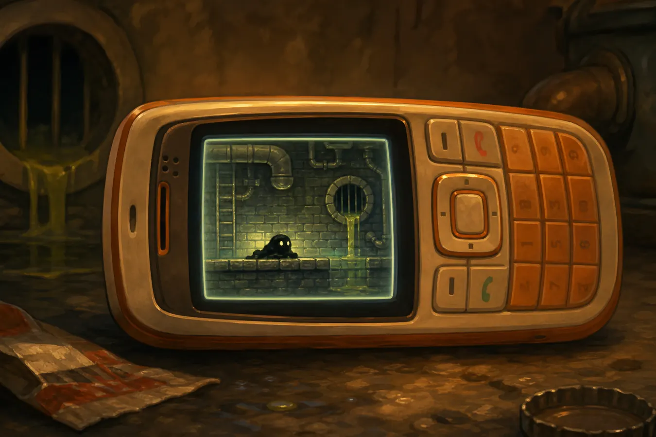 Retro feature phone glowing with a tar blob sewer game